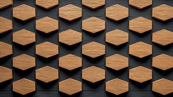 Aerial view of hexagonal wooden tiles arranged in a geometric pattern on a dark surface photo