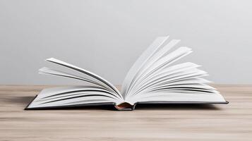 An open book displaying blank pages on a wooden surface, highlighting simplicity and potential photo