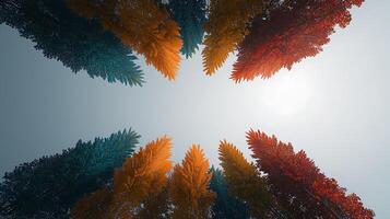Aerial view of vibrant autumn trees with contrasting colors against a bright sky photo
