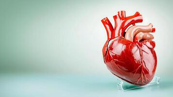 Anatomical model of a human heart displayed on a clear base against a soft gradient backdrop photo