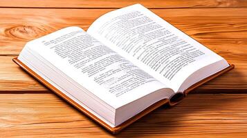 An open book displaying text on wooden surface, inviting reading and learning photo