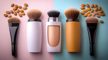 Arrangement of makeup brushes and cosmetics on a pastel background with almonds scattered photo