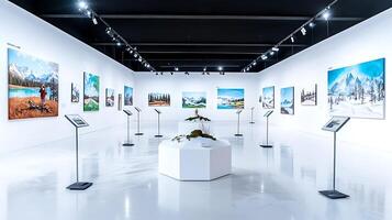 Art gallery showcasing various landscape paintings with informative displays and bright lighting photo