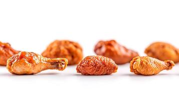 Assorted crispy chicken wings arranged on a clean white background, highlighting their texture and color photo