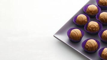 Assorted chocolate truffles arranged on a sleek plate with a minimalist background photo