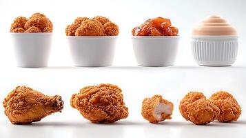 Assorted fried chicken pieces and snacks displayed in white bowls against a clean background photo