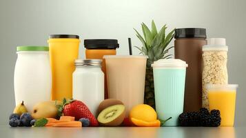 Assorted Juices and Smoothies in Various Containers Surrounded by Fresh Fruits on a Gray Background photo