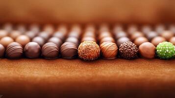 Assorted gourmet chocolates arranged in a row on a plush brown surface, creating a tempting display photo