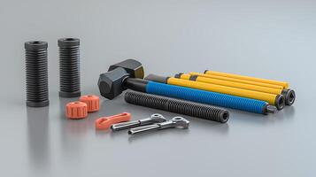 Assorted mechanical components including bolts, nuts, and tools arranged on a smooth surface photo