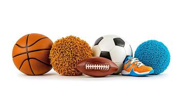 Assorted Sports Balls and Footwear Displayed on White Background for Athletic Promotion photo