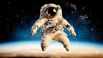 Astronaut floating in space above Earth, surrounded by stars and galaxies, exploring the cosmos photo