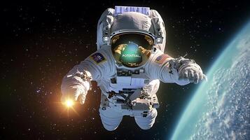 Astronaut floating in space with Earth in the background, capturing a moment of exploration photo