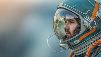 Astronaut in a futuristic helmet gazing into the distance with a cosmic backdrop photo