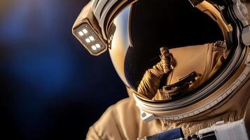 Astronaut in a golden spacesuit reflecting the cosmos, showcasing advanced technology and exploration photo