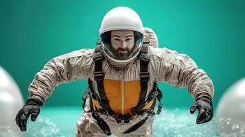 Astronaut in a spacesuit swimming through a surreal underwater environment with bubbles photo