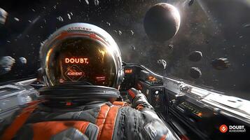 Astronaut piloting a spacecraft through an asteroid field in deep space, exploring distant planets photo