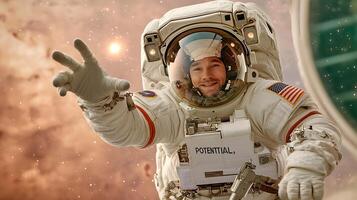 Astronaut reaching out in space with a backdrop of stars and cosmic elements, symbolizing exploration photo