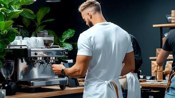 Barista preparing espresso in a modern caf with lush plants and coffee equipment in view photo