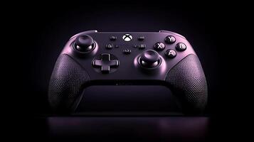 Black and purple gaming controller displayed against a dark background, highlighting its design features photo
