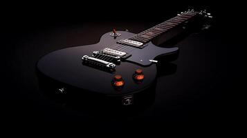 Black electric guitar angled on a dark surface with illuminated knobs and subtle reflections photo