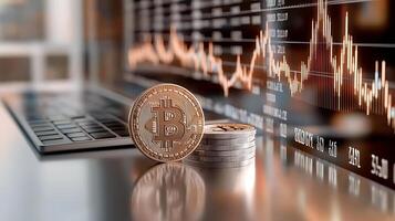 Bitcoin coins on a laptop keyboard with financial graphs in the background showing market trends photo