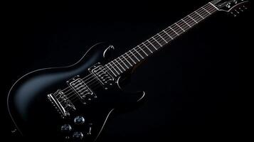 Black electric guitar showcased on a dark background, highlighting its sleek design and features photo
