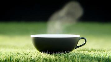 Black cup of steaming beverage on green grass with blurred background, serene outdoor setting photo