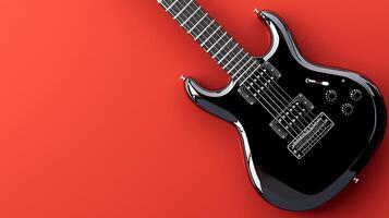 Black electric guitar positioned at an angle on a vibrant red background, showcasing its design photo