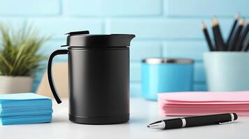 Black insulated mug on a desk surrounded by colorful sticky notes and stationery in a bright office photo