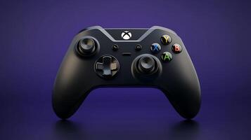 Black gaming controller on a vibrant purple background, highlighting its sleek design and features photo