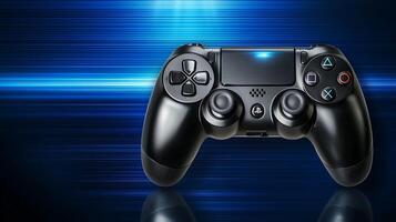 Black gaming controller on a blue abstract background with dynamic light streaks photo