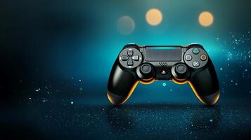 Black gaming controller on a blurred blue background with soft glowing lights photo