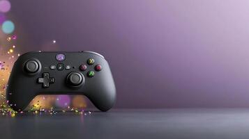 Black gaming controller on a sleek surface with colorful bokeh lights in the background photo