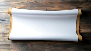 Blank scroll on wooden surface, inviting creativity, with natural textures in the background photo