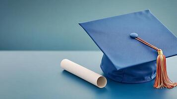 Blue graduation cap with tassel and rolled diploma on a smooth blue background photo