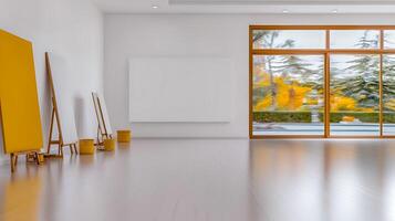 Bright and airy art studio with easels and a large window showcasing a vibrant garden view photo