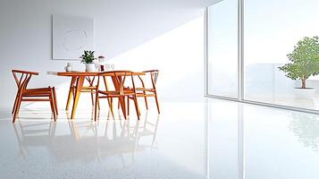 Bright, modern dining area with wooden furniture, sunlight streaming through large windows, and greenery photo