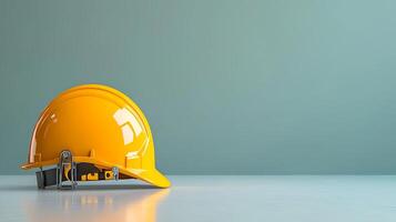 Bright yellow hard hat resting on a smooth surface with a minimalistic background photo
