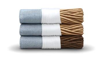 Bundled rolls of colored yarn in neutral tones, neatly arranged for crafting projects, with soft shadows photo