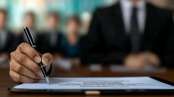 Business meeting in progress with a focus on a hand signing a document on a tablet photo