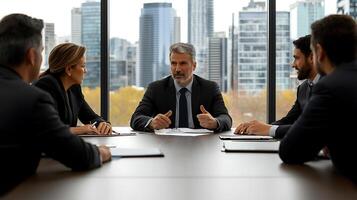 Business meeting in a modern office with city skyline backdrop, discussing strategies and ideas photo