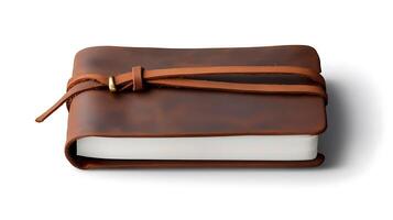 Brown leather-bound notebook with a strap, resting on a white surface, ideal for writing notes photo