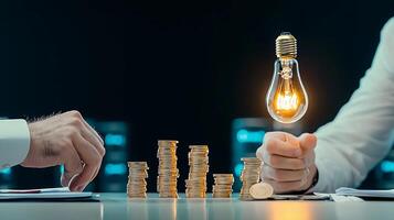 Business meeting with hands discussing investment strategies and a glowing light bulb symbolizing ideas photo