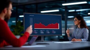 Business meeting with data analysis on screen, discussing trends in a modern office environment photo