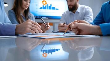 Business meeting with professionals analyzing data charts and graphs on a table in a modern office photo