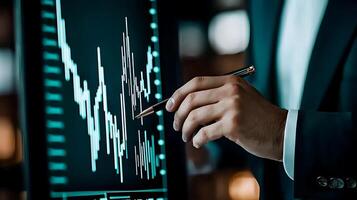 Business professional analyzing financial data on a digital screen in a modern office setting photo