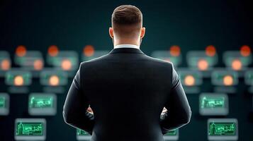 Business professional analyzing data on multiple screens in a high-tech environment photo