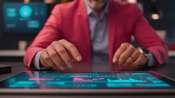 Business professional analyzing data on a tablet in a modern office with digital displays photo