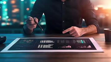 Business professional analyzing financial data on a digital tablet in a modern office setting photo