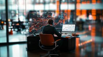 Business professional analyzing financial data on a computer in a modern office with city view photo